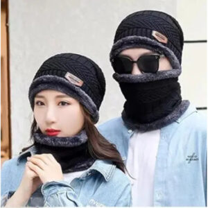 Couple Pack of 2 Combo - woolen winter beanie Head cap with neck warmer muffler for men and women (Black) - Image 4