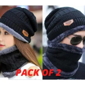 Couple Pack of 2 Combo - woolen winter beanie Head cap with neck warmer muffler for men and women (Black) - Image 1