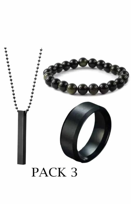 Pack Of 3 Vertical Bar Boy's Pendant, Ring And Bracelet Set, color black - Image 3