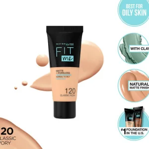 Maybelline New York Fit Me Matte & Poreless Liquid Foundation 18ml Tube - 120 Classic Ivory - For Normal to Oily Skin - Image 3