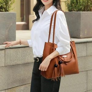 3 Pcs Women’s Leather Plain Hand Bag Set For Women Fashionable New Style Bags Shoulder Bag, Cross Body Bag & Hand Bag Set - Image 20