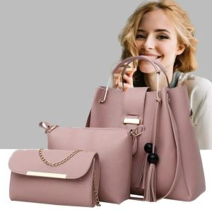 3 Pcs Women’s Leather Plain Hand Bag Set For Women Fashionable New Style Bags Shoulder Bag, Cross Body Bag & Hand Bag Set - Image 14