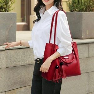 3 Pcs Women’s Leather Plain Hand Bag Set For Women Fashionable New Style Bags Shoulder Bag, Cross Body Bag & Hand Bag Set - Image 9